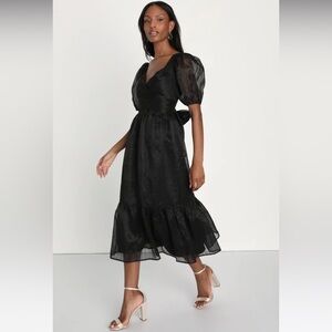 Lulu's Celebratory Moment Black Surplice Puff Sleeve Midi Dress Size Large